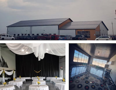 collage of three images: a large building with a peaked roof and many cars parked in front of it, a banquet hall with white-draped tables in front of a stage with a black curtain, and a spacious indoor swimming pool with large windows