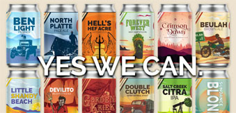 an array of twelve different cans of beer, over which are the words 'Yes we can.' in all caps