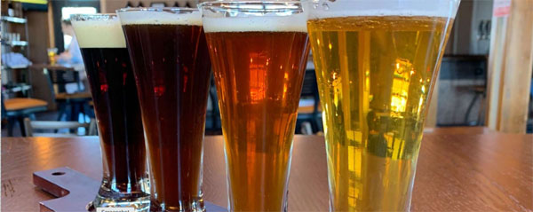 four tall glasses of beer from dark brown to light gold on a wooden bar